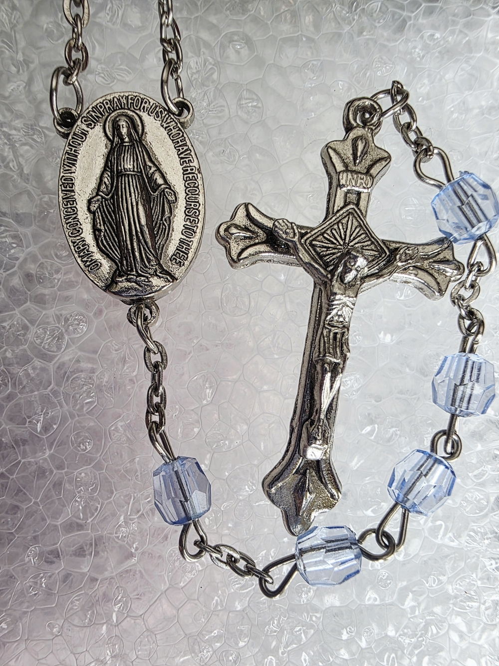 Vintage Catholic Rosary Blue Faceted Glass Beads Miraculous Crucifix